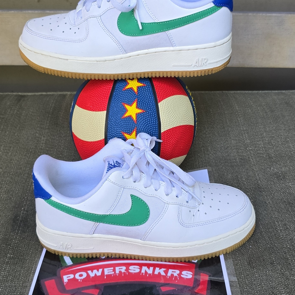White and Blue Sneakers with Green Swoosh